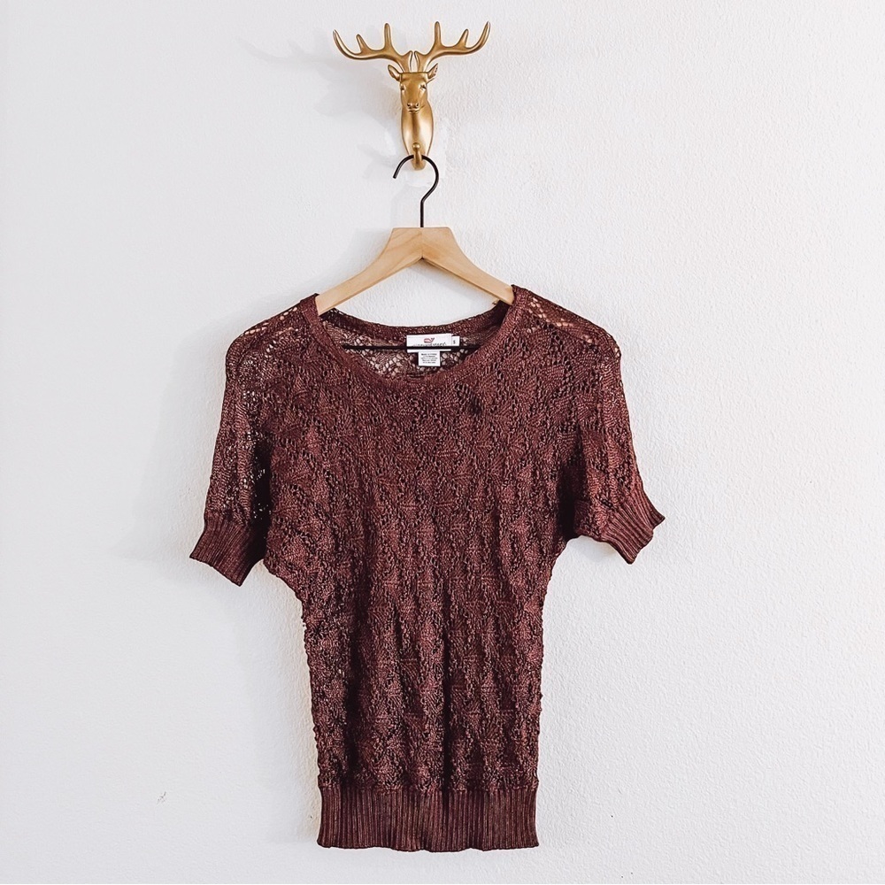 Vineyard Vines Women Burnt Amber Mesh Short Sleeve Top Blouse Size Small
